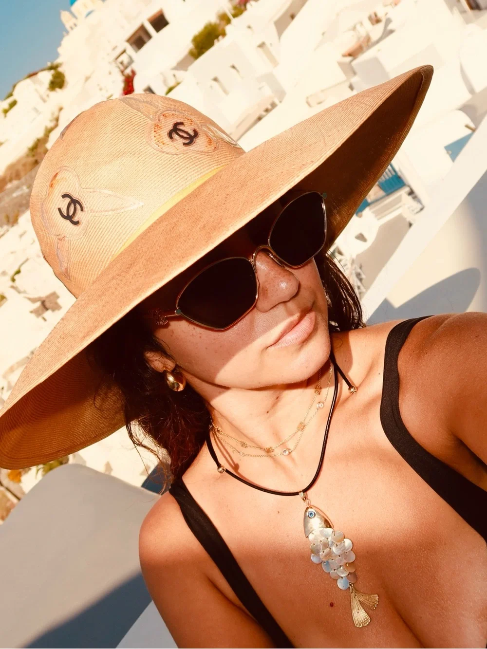 CHANEL Tan Straw Wide Brim Hat with Lime Ribbon